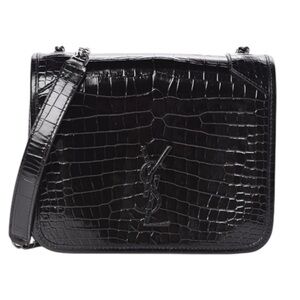 Saint Laurent Black Croc-Embossed Leather Crossbody Bag